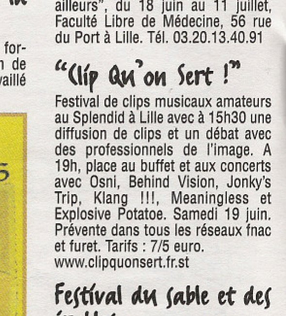 Coupure de presse annonçant le festival Clip Qu'on Sert ! au Splendid à Lille